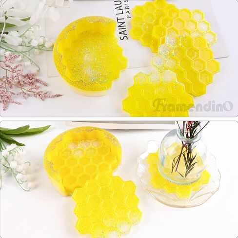 Framendino, 5 Pack Honeycomb Coaster Silicone Resin Molds Set with Organizer Box Silicone Bee Epoxy Resin Coaster Making Kit Molds Tray for DIY Resin Crafts Coffee Cup Tray Cup Mats Home Decoration in Saudi Arabia