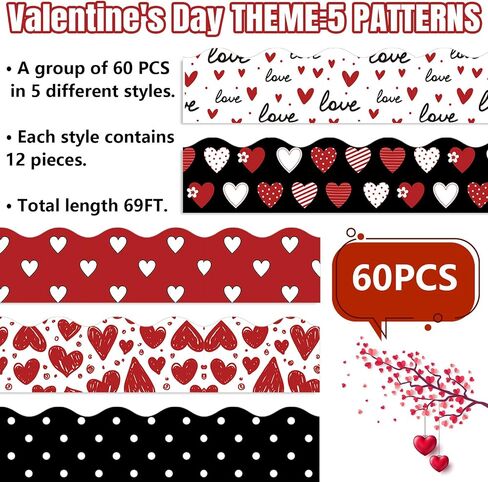 Whaline 69Ft Valentine's Day Bulletin Board Borders Red Black Love Heart Self-Adhesive Border Trim for Anniversary Wedding Classroom Office Decor in Saudi Arabia