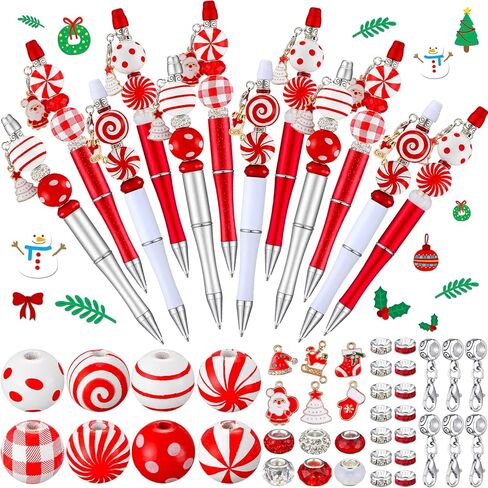 Fuutreo 12 Pcs Christmas Beadable Pens Kit Silicone Plastic Wooden Beaded Pens Candy Beads Pen Snowmen Santa Bead Ballpoint Pen Black Ink for Students Kids Teacher School Making DIY(Plastic) in Kuwait