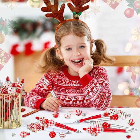 Fuutreo 12 Pcs Christmas Beadable Pens Kit Silicone Plastic Wooden Beaded Pens Candy Beads Pen Snowmen Santa Bead Ballpoint Pen Black Ink for Students Kids Teacher School Making DIY(Plastic) in Kuwait