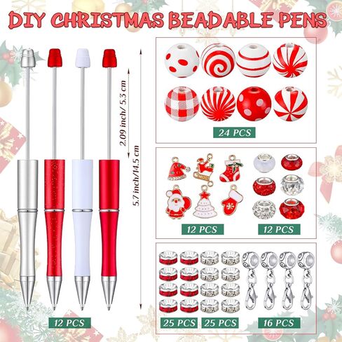 Fuutreo 12 Pcs Christmas Beadable Pens Kit Silicone Plastic Wooden Beaded Pens Candy Beads Pen Snowmen Santa Bead Ballpoint Pen Black Ink for Students Kids Teacher School Making DIY(Plastic) in Kuwait