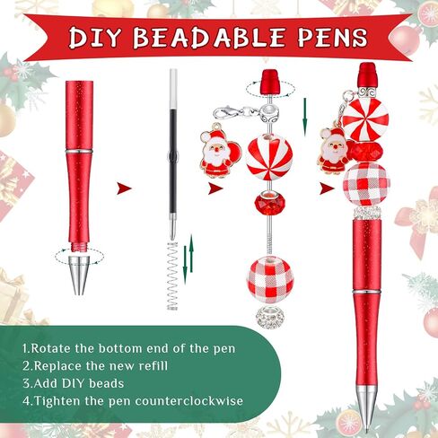 Fuutreo 12 Pcs Christmas Beadable Pens Kit Silicone Plastic Wooden Beaded Pens Candy Beads Pen Snowmen Santa Bead Ballpoint Pen Black Ink for Students Kids Teacher School Making DIY(Plastic) in Kuwait