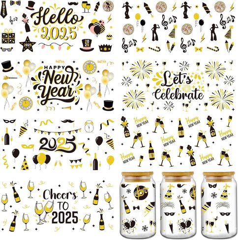 Happy New Year UV DTF - 8 Sheets Hello 2025 Uvdtf Tumbler Wraps for 16 oz Glass Water Bottle, Cheers to 2025 Black Gold Fireworks Transfer Stickers DIY Coffee Cups Craft Decor for Home Party in Saudi Arabia