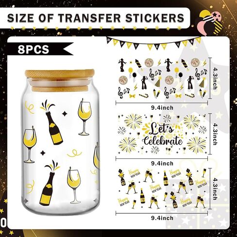 Happy New Year UV DTF - 8 Sheets Hello 2025 Uvdtf Tumbler Wraps for 16 oz Glass Water Bottle, Cheers to 2025 Black Gold Fireworks Transfer Stickers DIY Coffee Cups Craft Decor for Home Party in Saudi Arabia
