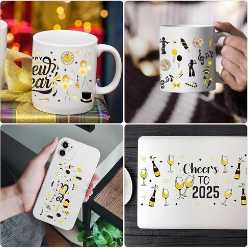 Happy New Year UV DTF - 8 Sheets Hello 2025 Uvdtf Tumbler Wraps for 16 oz Glass Water Bottle, Cheers to 2025 Black Gold Fireworks Transfer Stickers DIY Coffee Cups Craft Decor for Home Party in Saudi Arabia