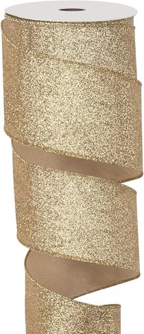 Gold Christmas Ribbon Wired, Gold Glitter Ribbon for Christmas Tree 2.5 Inch, 15 Yards Sparkle Wired Ribbon for Gift Wrapping, Tree Bows, Wreaths, Holiday Party Decor, Topper Bow, Wedding Garland in Kuwait