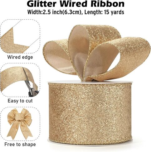 Gold Christmas Ribbon Wired, Gold Glitter Ribbon for Christmas Tree 2.5 Inch, 15 Yards Sparkle Wired Ribbon for Gift Wrapping, Tree Bows, Wreaths, Holiday Party Decor, Topper Bow, Wedding Garland in Kuwait