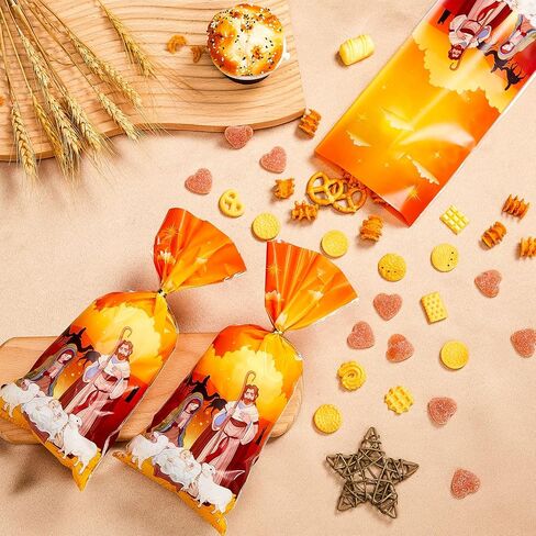 120 Pieces Holy Nativity Cellophane Treat Bags Religious Plastic Gift Bag with Gold Ties Xmas Nativity Goody Bag for Kids Birthday Christmas Party Decoration Supplies, 5 x 11 Inches (Stylish Style) in Saudi Arabia