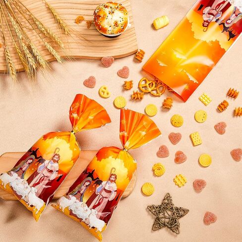 120 Pieces Holy Nativity Cellophane Treat Bags Religious Plastic Gift Bag with Gold Ties Xmas Nativity Goody Bag for Kids Birthday Christmas Party Decoration Supplies, 5 x 11 Inches (Stylish Style) in Kuwait