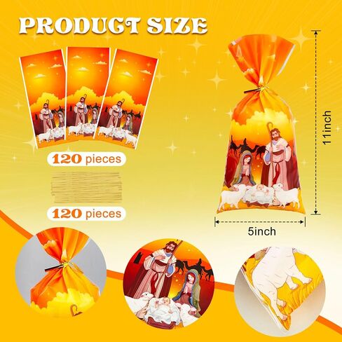 120 Pieces Holy Nativity Cellophane Treat Bags Religious Plastic Gift Bag with Gold Ties Xmas Nativity Goody Bag for Kids Birthday Christmas Party Decoration Supplies, 5 x 11 Inches (Stylish Style) in Kuwait
