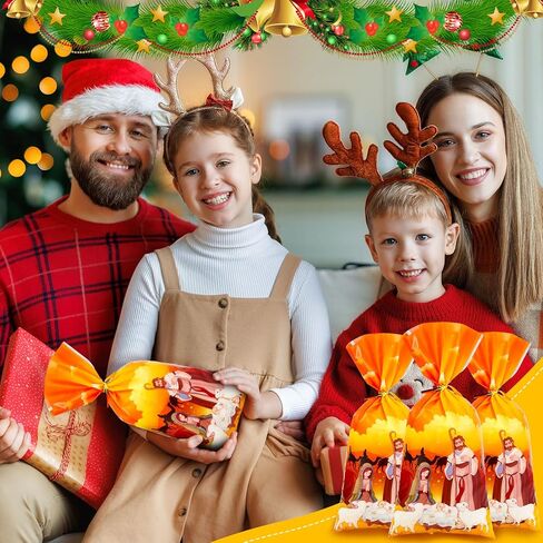 120 Pieces Holy Nativity Cellophane Treat Bags Religious Plastic Gift Bag with Gold Ties Xmas Nativity Goody Bag for Kids Birthday Christmas Party Decoration Supplies, 5 x 11 Inches (Stylish Style) in Kuwait