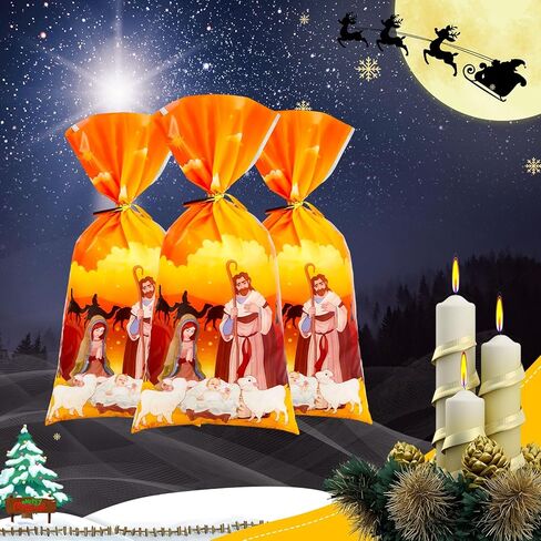 120 Pieces Holy Nativity Cellophane Treat Bags Religious Plastic Gift Bag with Gold Ties Xmas Nativity Goody Bag for Kids Birthday Christmas Party Decoration Supplies, 5 x 11 Inches (Stylish Style) in Kuwait