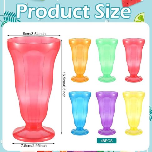 24 Pack Plastic Milkshake Cups Ice Cream Sundae Glasses Plastic Old Fashioned Soda Shoppe Sundae Cups Bright Neon Color Set for Kids Children, 50s Party Decorations in Saudi Arabia