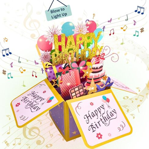 Giant Musical Birthday Greeting Card with Light and Blowable Candle, Pop Up Birthday Card Laser Cut Greeting Card for Kids, Women, Men, All Ages (A-Large Blowable LightBlue) in Saudi Arabia
