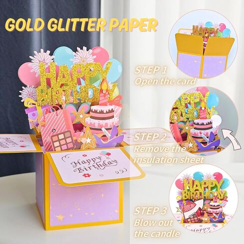 Giant Musical Birthday Greeting Card with Light and Blowable Candle, Pop Up Birthday Card Laser Cut Greeting Card for Kids, Women, Men, All Ages (A-Large Blowable LightBlue) in Saudi Arabia