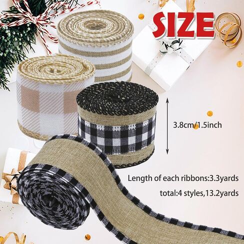4 Rolls Winter Burlap Checked Ribbon Wire Border Christmas Holiday DIY Present Butterfly Floral Craft Decor 1.5 Inches Wide 13.2 Yard (Natural) in Saudi Arabia