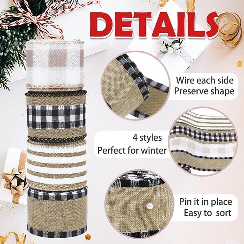 4 Rolls Winter Burlap Checked Ribbon Wire Border Christmas Holiday DIY Present Butterfly Floral Craft Decor 1.5 Inches Wide 13.2 Yard (Natural) in Saudi Arabia