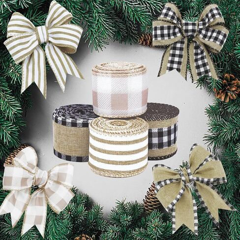 4 Rolls Winter Burlap Checked Ribbon Wire Border Christmas Holiday DIY Present Butterfly Floral Craft Decor 1.5 Inches Wide 13.2 Yard (Natural) in Saudi Arabia