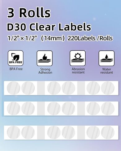 ملصقات D30، دائرة شفافة 1/2 بوصة × 1 بوصة (14 مم × 28 مم)، ورق ملصقات لاصق، 220 ملصق/لفة، 3 لفات، متوافقة مع صانع ملصقات بلوتوث محمول Phomemo D30 لملصقات الحجم in Kuwait