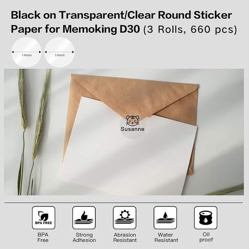 ملصقات D30، دائرة شفافة 1/2 بوصة × 1 بوصة (14 مم × 28 مم)، ورق ملصقات لاصق، 220 ملصق/لفة، 3 لفات، متوافقة مع صانع ملصقات بلوتوث محمول Phomemo D30 لملصقات الحجم in Kuwait