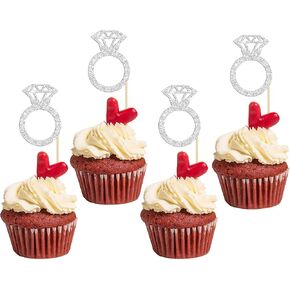Gyufise 36Pcs Diamond Ring Cupcake Toppers Gold Glitter Diamond Wedding Ring Cupcake Picks for Marriage Engagement Anniversary Valentines Party Cake Decorations Supplies