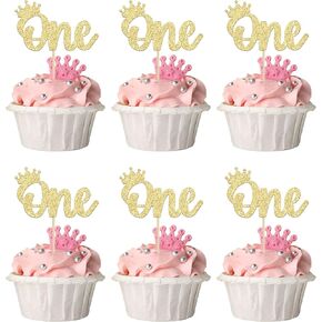 24Pcs Crown Cupcake Toppers Gold Glitter Crown One Cupcake Toppers Prince 1st Birthday Crown Cupcake Decors for Prince Crown Theme Baby Shower Party Decoration Supplies