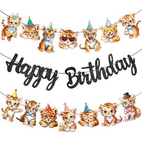 Tiger Birthday Banners 3Pcs Tiger Birthday Party Decorations Glitter Black Tiger Birthday Party Supplies Jungle Tiger Party Hanging Banner Decor for Safari Tiger Favor Baby Shower Supplies