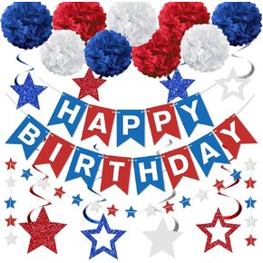 Red White and Blue Birthday Decorations Veterans Day Decoration Banner with Pom Poms Paper Star Streamer 4th of july Patriotic Birthday Party Decorations for Independence Day America National Day