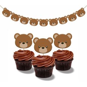 Teddy Bear Cupcake Toppers 24Pcs+Teddy Bear Banner, Bearly one party, Bear Garland Banner,Baby Shower Party Decorations