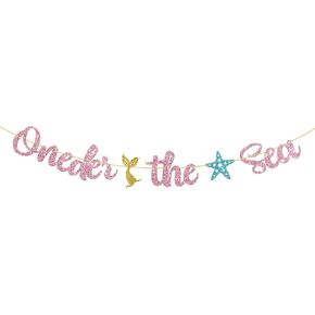 WeBenison Oneder the Sea Banner/Mermaid Theme 1st Birthday Banner/Baby Shower/Baby Girl 1st Birthday Party Decoration Supplies Pink Glitter