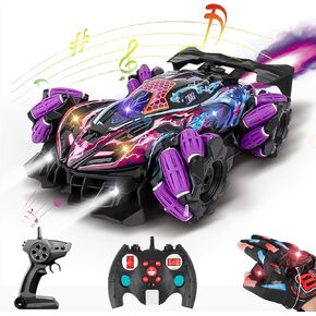 GoolRC RC Stunt Car, Gesture Sensing RC Car for Boys Girls, 2.4GHz 4WD Remote Control Car with 360° Rotating, Lights, Music & Spray, 3 Control Mode Toy Cars for Kids Birthday Gifts, 2 Battery (Purple)
