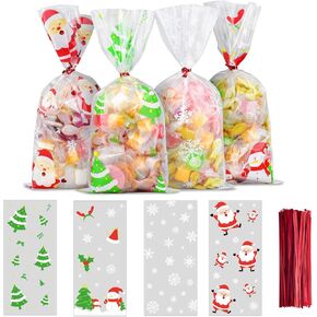 ERKOON 200 PCS Christmas Cellophane Treat Bags Clear Cookie Candy Bags Goodie Bags Xmas Gift Bags with 250 PCS Twist Ties for Christmas Party Supplies (4 Styles)