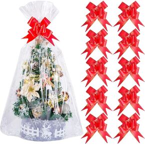 20pcs Christmas Snowflake Basket Bags Pull Bow Set 10 pcs 24x 36 inches Large Christmas Cellophane Bags and 10pcs Pull Bows for Basket and Some Big