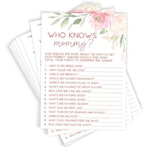 Printed Party Baby Shower Games – Who Knows Mommy Best Game for Girl, Baby in Bloom Floral Theme, 50 Cards