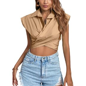 LYANER Women's Collar V Neck Wrap Front Cross Tie Back Cap Sleeve Crop Top Blouse