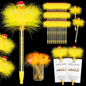 Zhanmai 30 Sets Light up Duck Pens Bulk Inspirational Employee Appreciation Gifts Include Duck Ballpoint Pen Feather LED Light with Positive Cards(10 Style LED Duck)