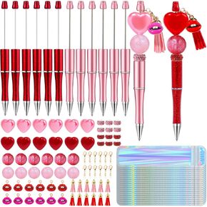 NEWEST 12 Pieces Valentine's Day Beadable Pens, Multicolor Bead Pens with 76 Beads & 20 Packaging Bags DIY Pen Making Kit Plastic Beaded Ballpoint Pens for Valentine's Day Gifts School Office Supplies
