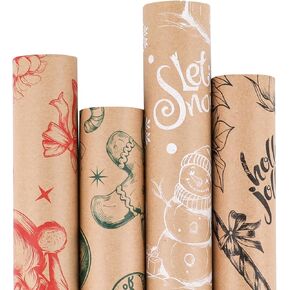 LOMIMOS Christmas Wrapping Paper,Mini Roll Brown Kraft Paper Santa Claus Snowman Gingerbread Man Design for Xmas Packaging Gifts Kids 17 Inch x 10 Feet (4 roll)