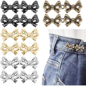 8 Pairs Bow Jeans Button Pins Adjustable Waist Tightener Button No Sew and No Tools Instant Pant Waist Buckle Detachable Decorative Waist Buckles Perfect Fit Tighten Waist for Loose Jeans Pants Skirts