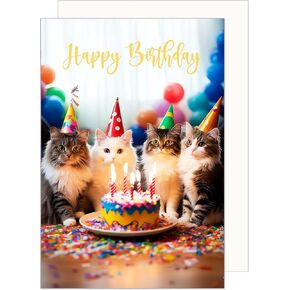Premium Birthday Card with Envelope. Greeting Happy Birthday for him or her Friend Girl Boy Kids Cats Cat Cake Party funny humour (G3563 SW024), neutral