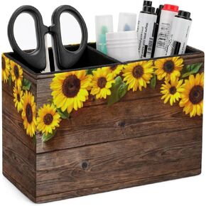 Pen Holder, Pencil Holder for Desk Organizer, Wooden Floral Sunflower PU Leather Pencil Cups Desktop Stationery Storage Makeup Brush Holder Pen Organizer for Office Home
