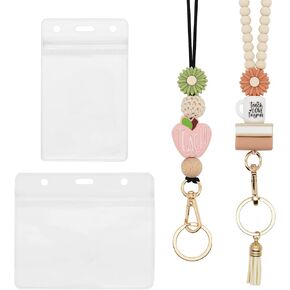 2 Pcs Teacher Lanyards with 2 PCS ID Badges Holder Wood Silicone Beaded Lanyard for Keys Cute Breakaway Lanyards Necklace for ID Badges Woman Teacher Nurse Office