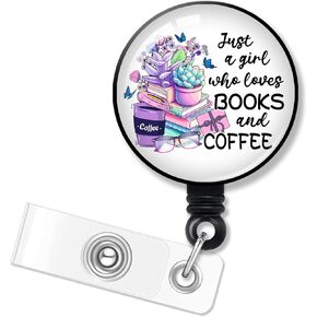 ERHACHAIJIA Just A Girl Who Loves Books and Coffee Retractable Badge Holder with Alligator Clip for Nurses Doctors Teachers Student Office Worker Coffee Lover, Funny Flowers ID Card Badge Reel Gift