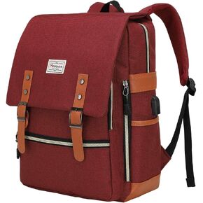 Modoker Upgraded Vintage Laptop Bag Gifts for Women Men, Slim Travel Backpack Bookbag with USB Charging Port Casual Rucksack Daypack Fits 15 Inch Notebook, Red
