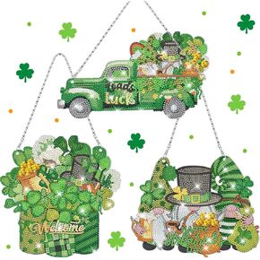 Burbell 3 Pcs St. Patrick's Day Diamond Painting Kits DIY Diamond Painting Hanging Sign Shamrock Gold Coin Beer Truck Gnome Art Kit for St. Patrick's Day Home Wall Decorations Mosaic Crafts Garden