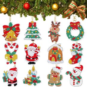 GOMKLNMO 12 Pieces Christmas Diamond Painting Kits 5D Diamond Painting Keychains DIY Christmas Ornament Kits Diamond Art Kits for Adults Beginners