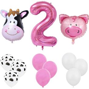 InBy 18pcs Farm Animal Balloon for 2nd Birthday Party Decorations Pig Cow Head Second Farm Animal Theme Balloon Garland Arch 40" Number 2 Foil Balloon 12" Latex Balloon Baby Girl Shower Party Supplies