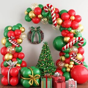 Christmas Balloon Garland Arch Kit Red Green Gold White Latex Balloons Gold Confetti Christmas Cane Candy Gift Box Star Foil Balloons for Xmas New Year Party Decoration Supplies