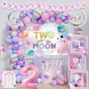 Two the Moon Birthday Decorations Kit for Girls, Outer Space Second Birthday Party Supplies for Girl, Pink Girl Space Moon 2nd Birthday Décor for Girl Birthday, Two the Moon Party Decorations Kit