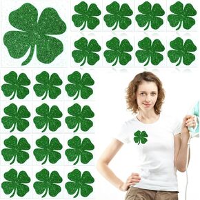 20 Pcs Four Leaf Iron On St. Patrick's Day Iron on Transfer for Clothing Glitter Irish HTV Clover Iron on Shamrock Heat Transfer Decals Vinyl for Hat Bag Pillows DIY Arts Craft Decoration